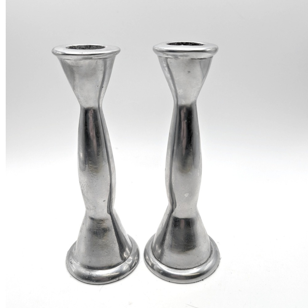 Vtg MCM Pewter Metal Taper Candle Holders Pair Minimalist Hourglass Silver 6.5"‎